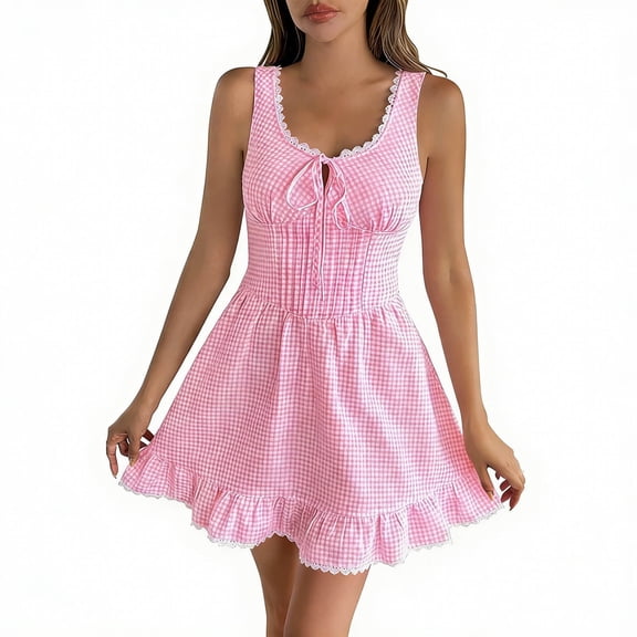 Lovzfmll Plaid Elegant Sleeveless Round Neck Lace Up A-Line Mini Dress for Women with Ruffle Detail Relaxed Fit Crew Neck Pink, XS