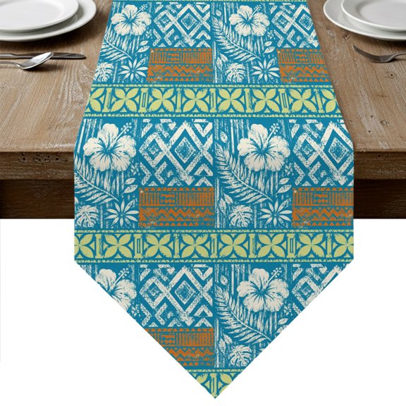 Bohemia Table Runner Linen Burlap Table Runner 60 Inches Long Tropical Plants Floral Plaid Vintage Rustic Blue Dresser Scarves for Kitchen Island Coffee Dining Room Party Holiday Decoration 13"x60"
