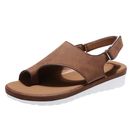 CHOII Clearance Ladies Summer Hollow Out Wedge Buckle Sandals Women s Orthopedic Sandals Flip Flops for Women Comfortable Shoes With Ergonomic Soles Ankle Strap Sandals Brown/7.5