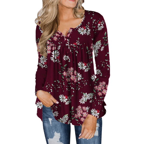 FOLUNSI Womens Plus Size Tunic Tops Long Sleeve Casual Floral Henley Shirts M-4XL
