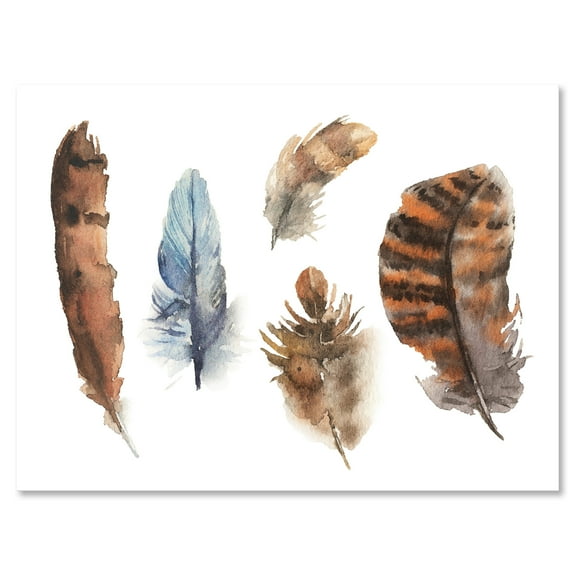 Designart ' Ethnic Boho Feathers In Earth Tones On White ' Bohemian & Eclectic Canvas Wall Art Print