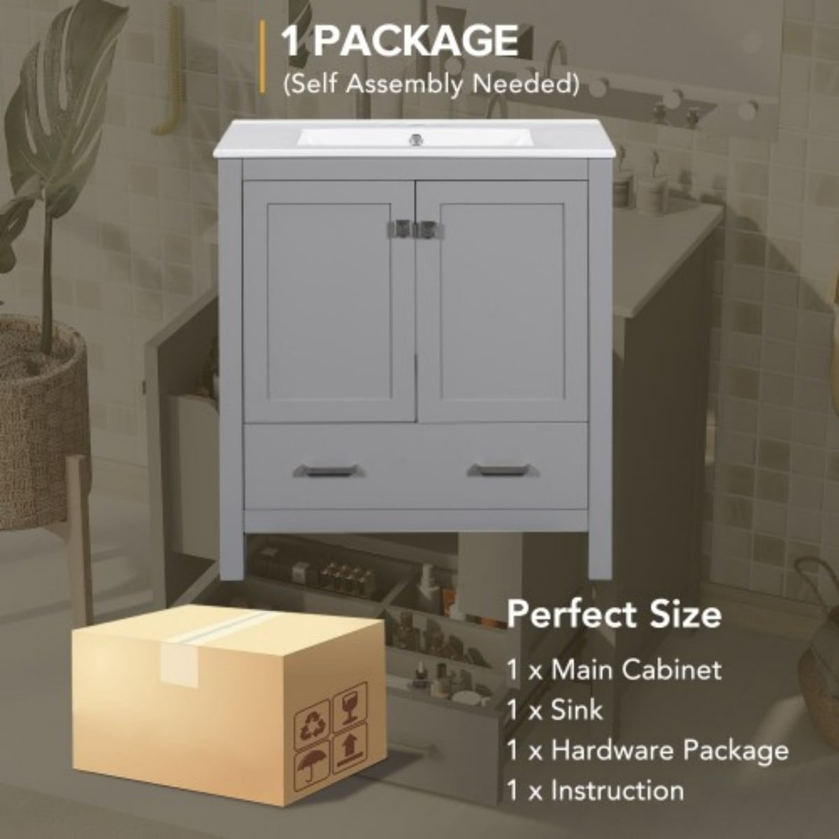 30" Bathroom Vanity with Sink, Modern Bathroom Cabinet with Ceramic Undermount Sink, Solid Wood Frame Storage Cabinet with Soft Close Doors, Drawer Organizer, Gray