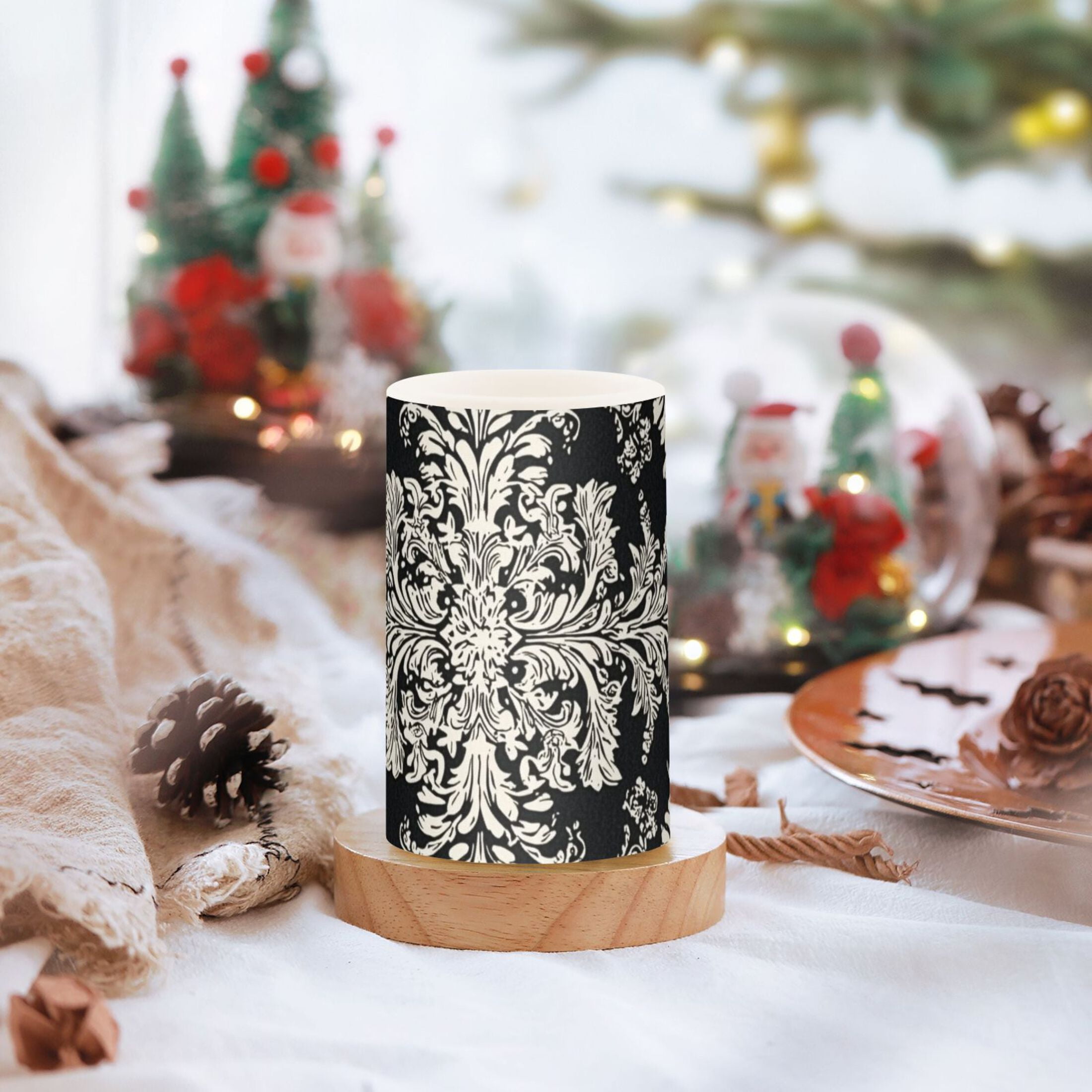 Black and White Paisley Flowers Pattern Flickering Flameless Candles LED Tealight Battery Operated with Remote Set of 2 Holiday Decor Ornaments