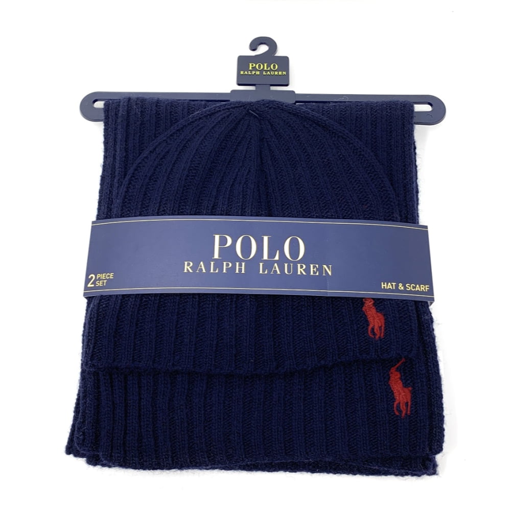 Polo Ralph Lauren Men's 2 Piece Set Hat & Scarf Lambswool Blend, Black/Grey  