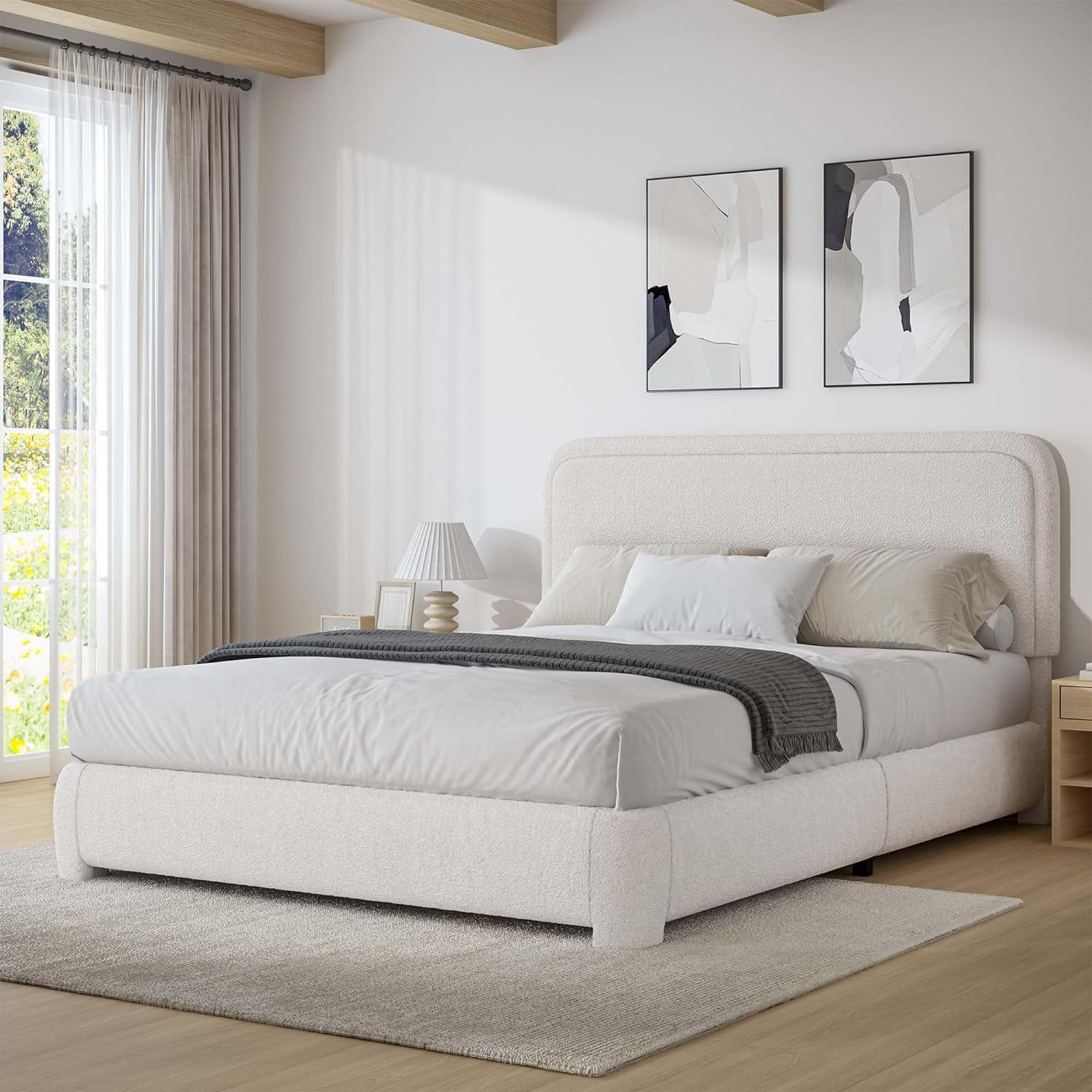 4 Ever Queen Bed Frame with Upholstered Footboard, High Headboard, Soft Curved Design, Cream
