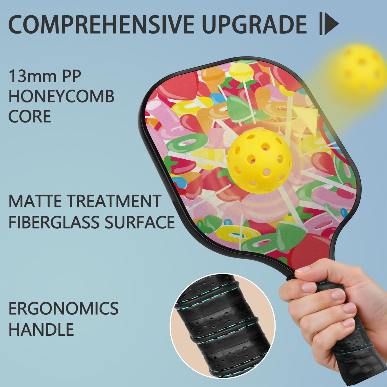 Pickleball Paddles Set Of 1, Fiberglass Surface, Sweet Candy Print, 1 Paddle, 2 Balls & Bag