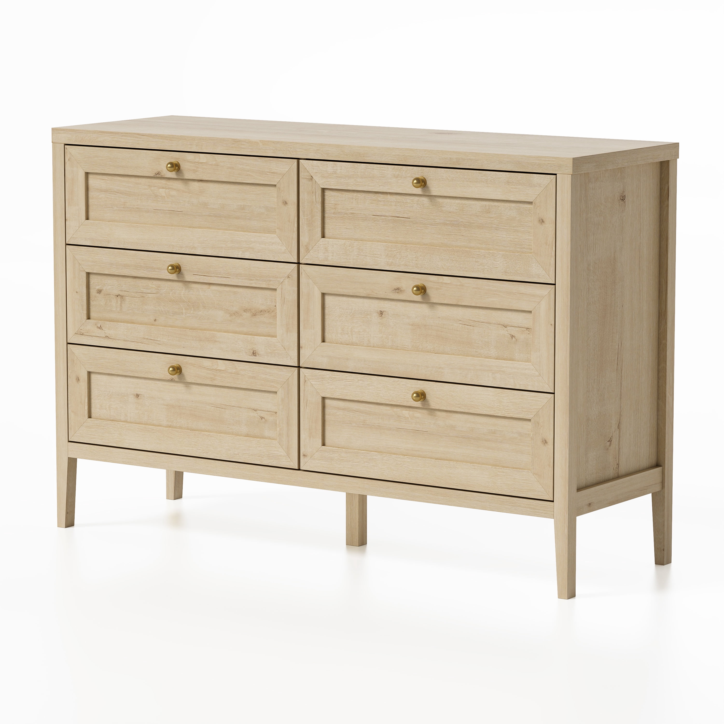 EYYTHUNG Modern 6-Drawer Storage Dresser for Bedroom, Chest of Drawers with Golden Handles, Cabinet Side Table, Light Oak