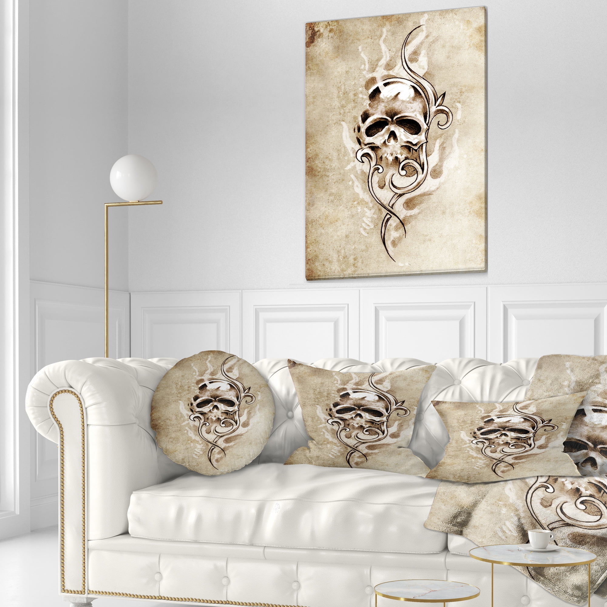Designart Vintage Style Skull Devil Tattoo - Abstract Throw Pillow - 12x20
