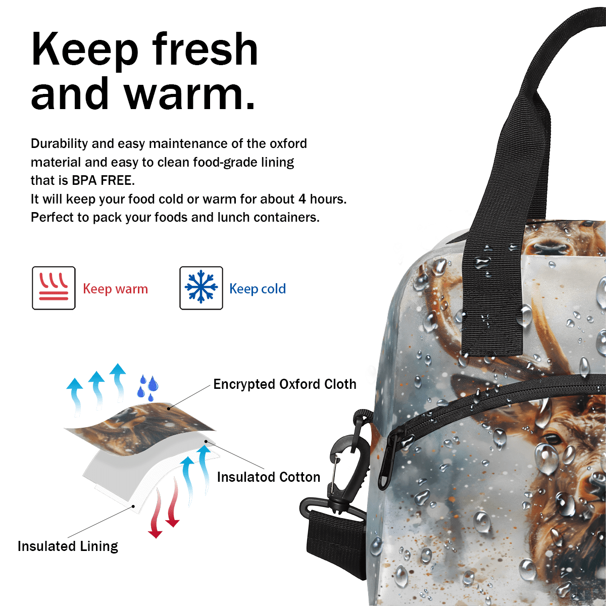 Herdesigns Deer Moose Insulated Lunch Bag for Women Men Adults Large Reusable Lunch Box Leakproof Portable Cooler Tote Bags with Adjustable Shoulder Strap
