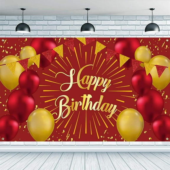 Red and Gold Birthday Backdrop 5.9x3.6ft Hanging Banner Party Decoration Birthday Banner Decorations for Girls Boys Women Men Happy Bday Background Photography Party Decor Sign Supplies