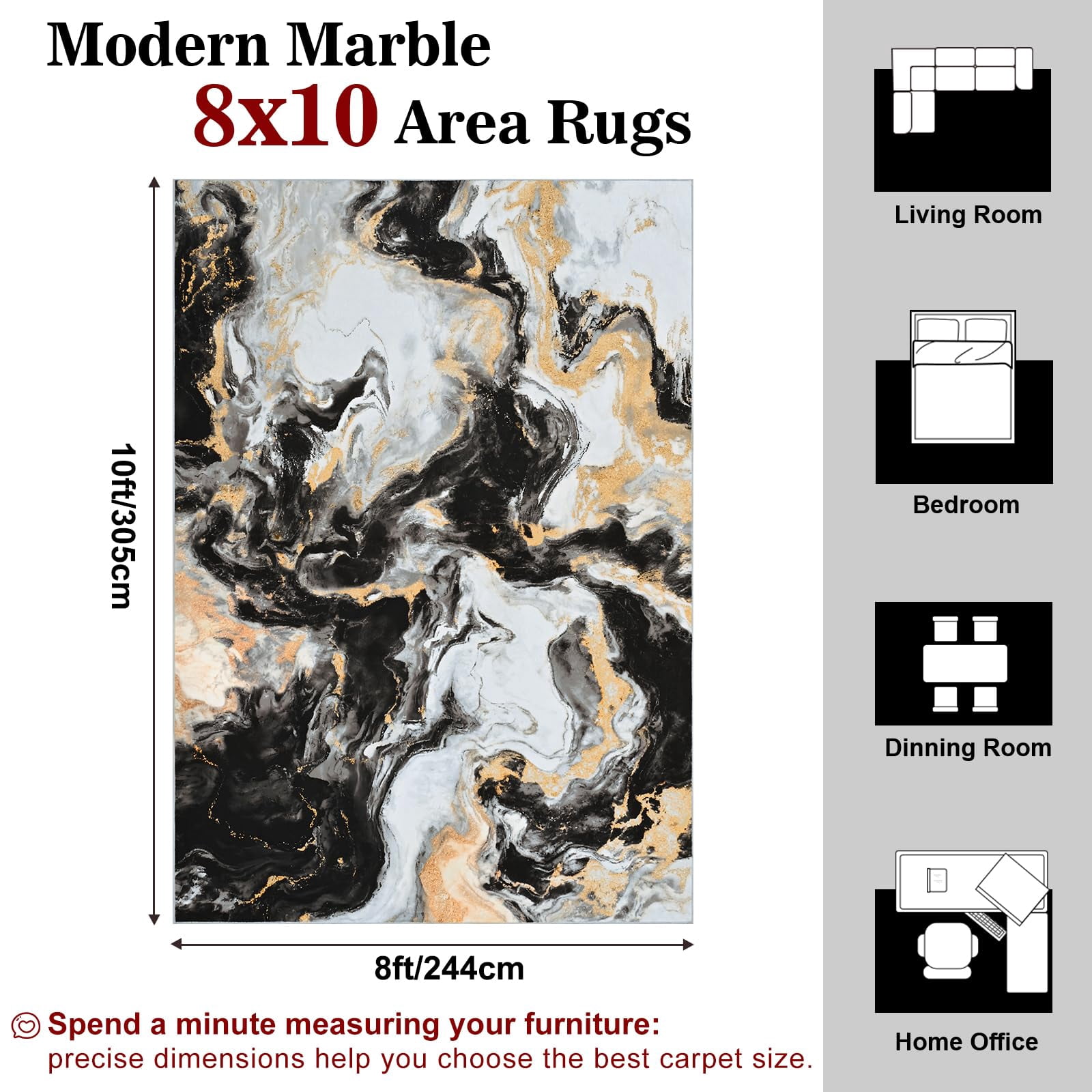 Bleum Cade 8'x10' Area Rugs for Living Room, Marble Black and Gold Abstract Rug,Modern Washable Rugs Low Pile Non Slip, Ultra Soft Faux Wool Non Slip Durable Large Carpet Home Decor