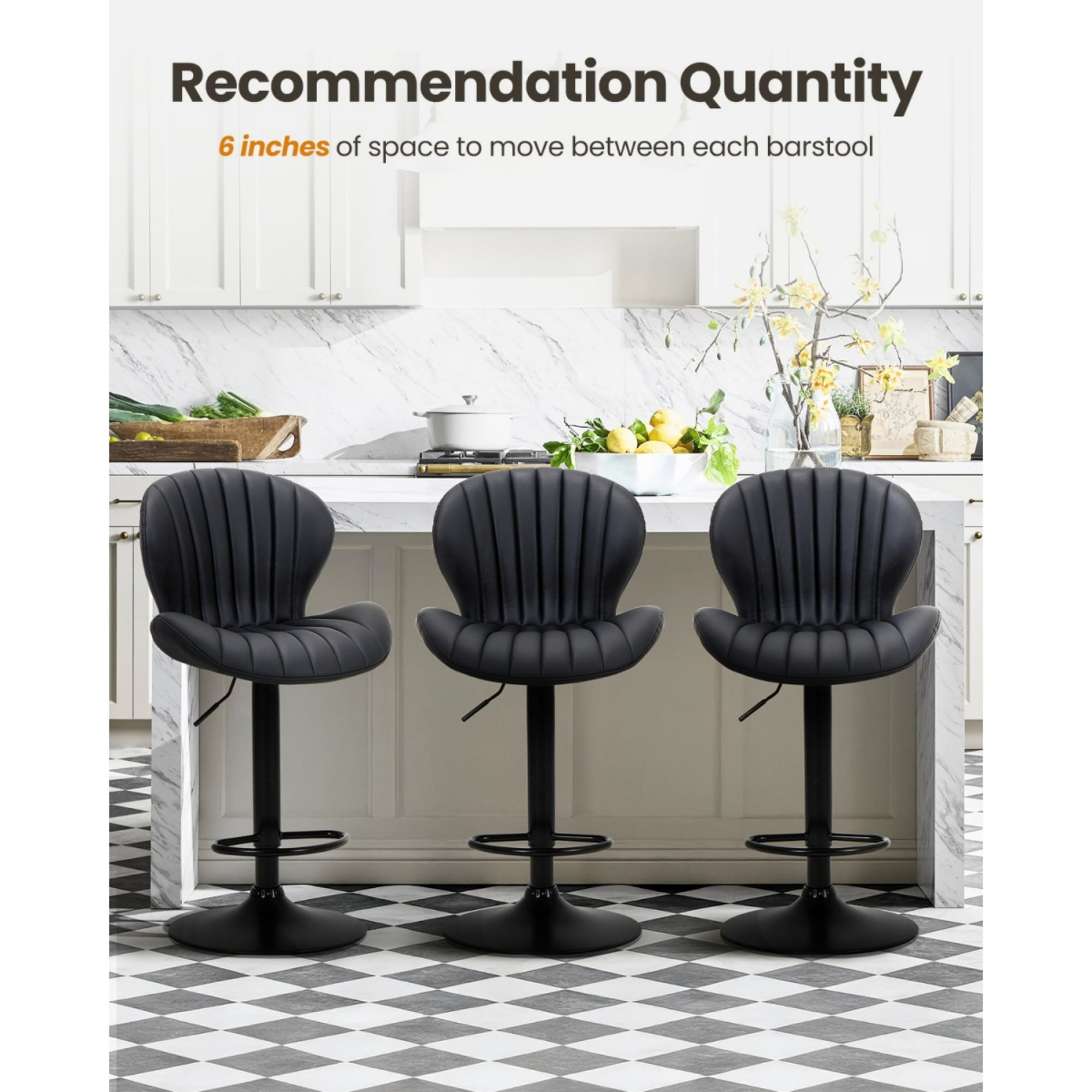 EOP Swivel Bar Stools Set of 4, Modern Upholstered Adjustable Height Counter Stools with Footrest, Faux Leather Upholstered BarStools with Metal Frame, Bar Chairs with Backrest, Black