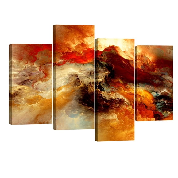 Pyradecor Grandes Impressions sur Toile Art Mural Nuages Colorés Paysage Peintures pour Salon Chambre Décorations Maison 4 Pcs Moderne Orange Abstrait Œuvre d'Art Étirée