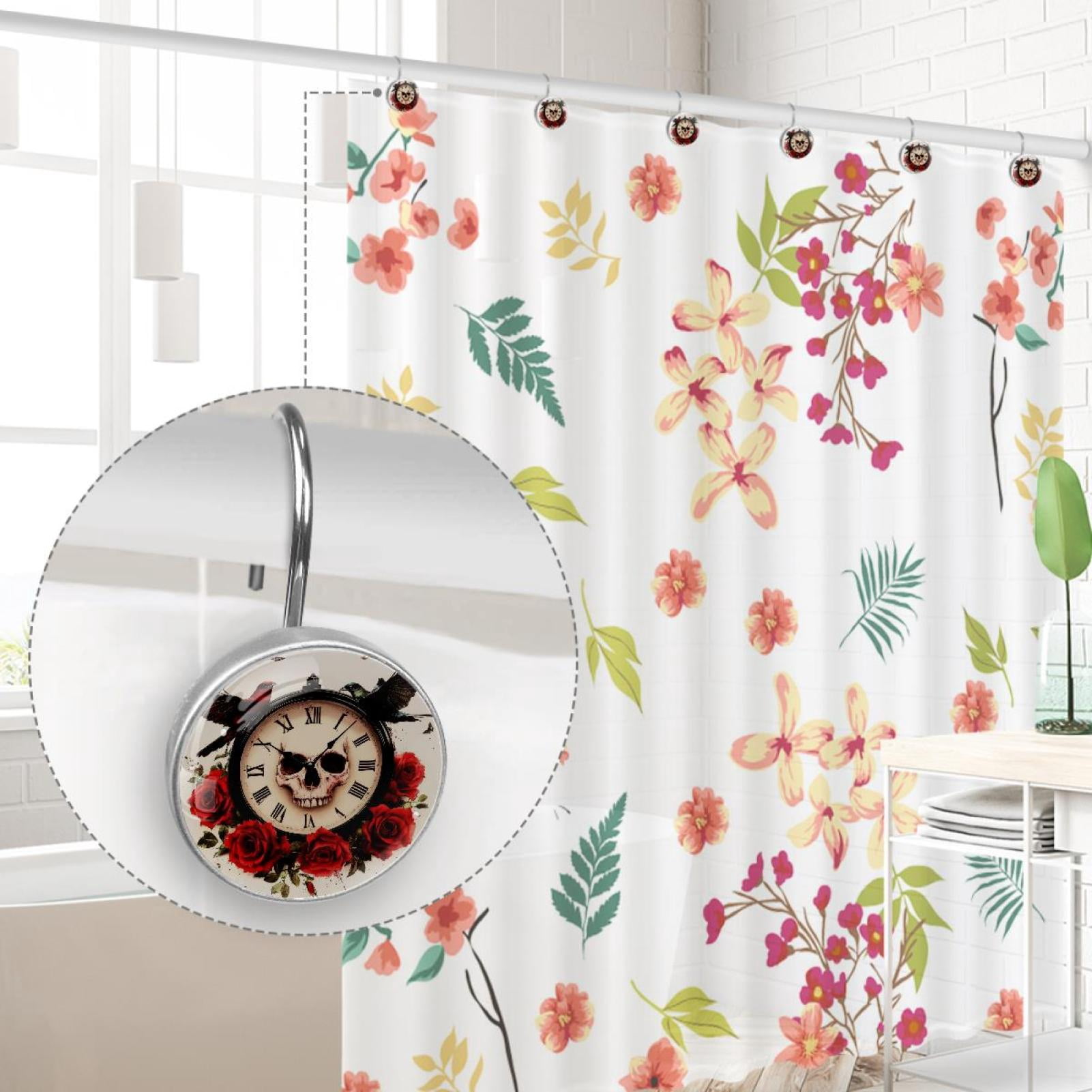 Red Rose Skull Clock Birds Shower Curtain Hooks Round Crystal Glass, Set of 12 Shower Curtain Rings - Shower Hooks for Curtain Shower Rings