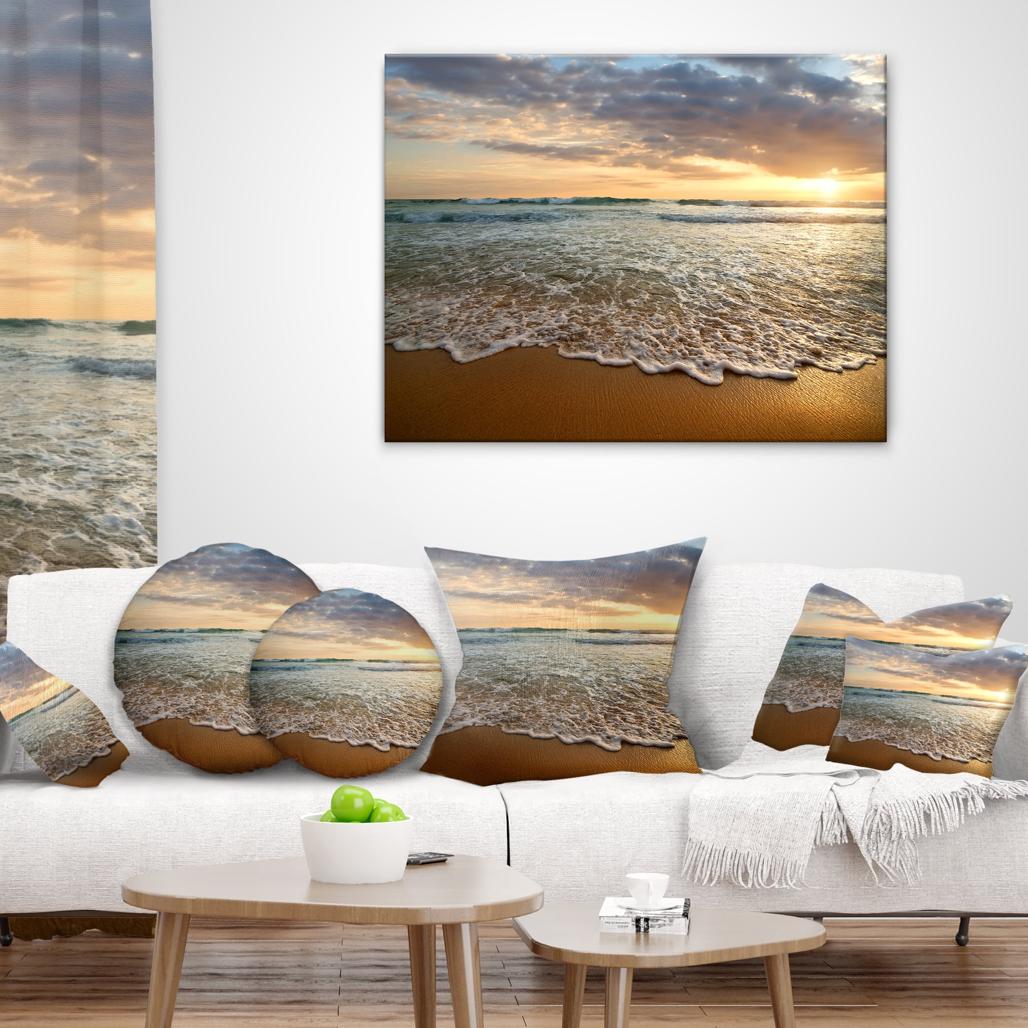 Designart Bright Cloudy Sunset in Calm Ocean - Seashore Throw Pillow - 12x20