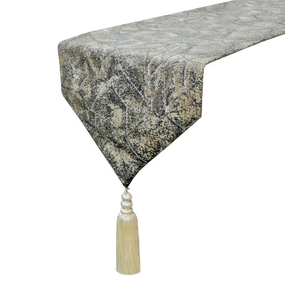 The HomeCentric Luxury Silvery Stardust Table Runner 14 x 36 inch Foil, Textured, Tassel Jacquard Fabric Abstract Pattern Modern Style
