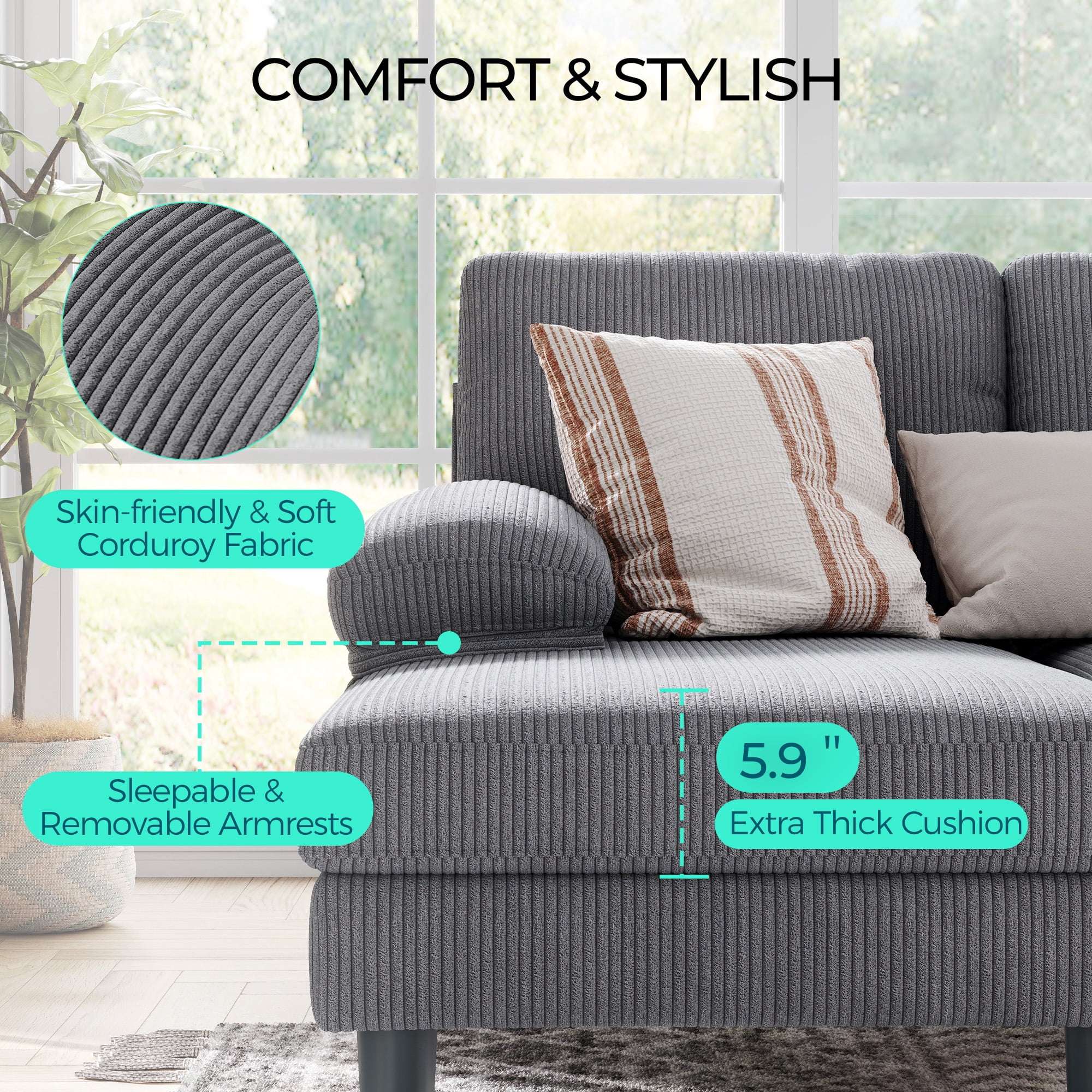 Linsy Home Sectional Sofa for Living Room, U-Shaped Sofa Couch with Corduroy Fabric, 4 Seat Sofa with Double Chaise for Apartment, Dark Gray