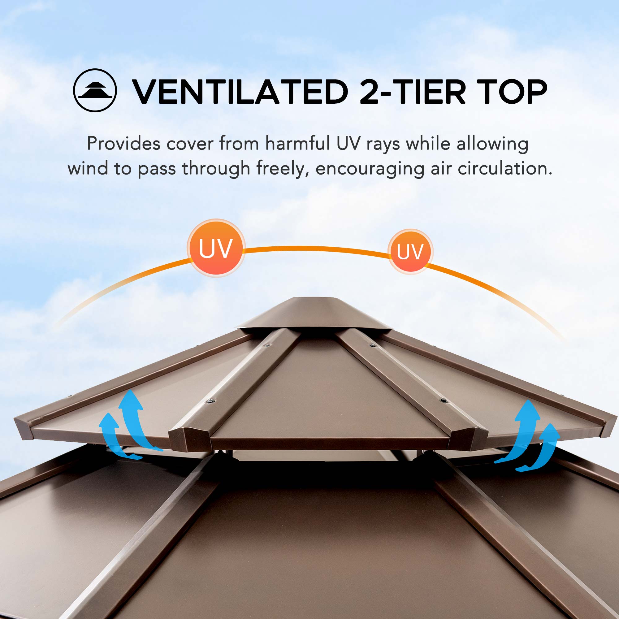 Sunjoy Gazebo Octogonal en Bois de Cèdre de 4 x 4 m (13 x 13 pi) avec toit Rigide en Acier Brun à Double Niveau et Crochet de Plafond Pour Jardin ou Cour Arrière