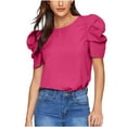 thumbnail image 2 of WAIIMAK Summer Womens Tops Solid Color Round Neck Blouse Pleated Puff Short Sleeve Tops, 2 of 6