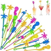 100 Assorted Tropical Swizzle Sticks Bar Cocktail Stirrers Luau Palm Tree Flamingo Fun Reusable Novelty Beverage Cocktail Margarita Tiki Drink Stirring Sticks for Birthday Wedding Party