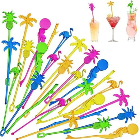 100 Assorted Tropical Swizzle Sticks Bar Cocktail Stirrers Luau Palm Tree Flamingo Fun Reusable Novelty Beverage Cocktail Margarita Tiki Drink Stirring Sticks for Birthday Wedding Party