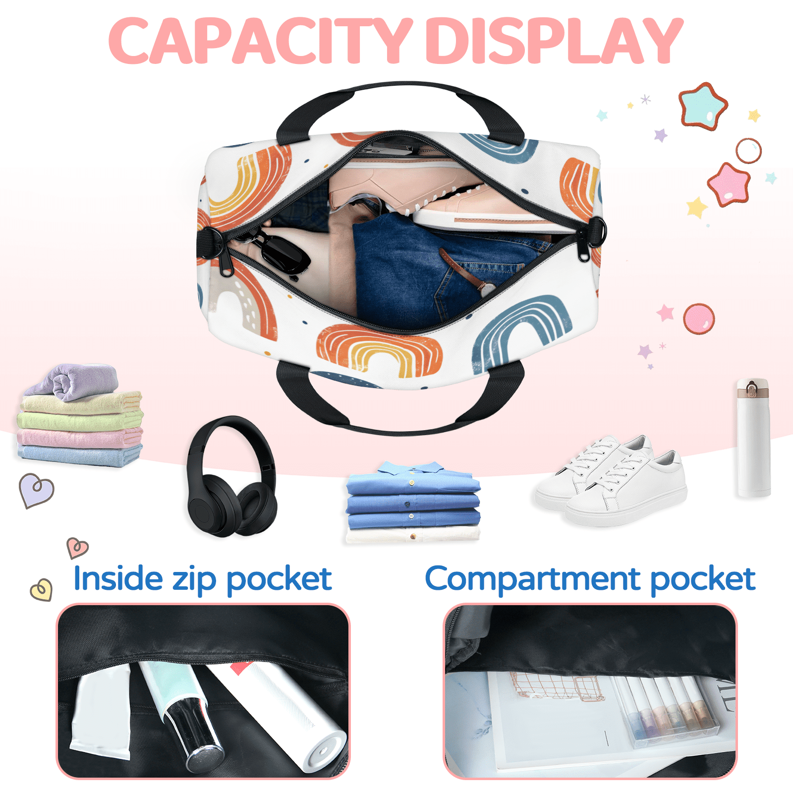 Herdesigns Boho Rainbow Travel Duffle Bag Sports Yoga Weekender Overnight Carry on Workout Bags Lightweight Waterproof Gym Tote Bag for Women