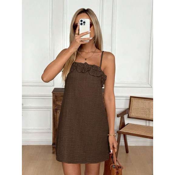 Brown 3D Floral Ruffle A-Line Sundress For Women Casual Vacation Mini Dress