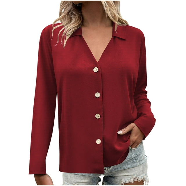 Timegard Fall Tops for Women Lapel V Neck Button up Shirts Long Sleeve Lightweight Casual Work Tops