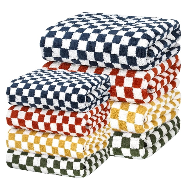 Juego de 8 toallas de baño a cuadros, 4 toallas de mano a cuadros de 13,78" x 29,53" y 4 toallas de ducha de 27,56" x 55,12", toallas de baño absorbentes, suaves y bonitas para baño, spa, gimnasio,