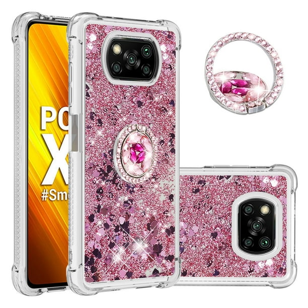Funda para Xiaomi Poco X3 NFC/X3 PRO con Brillo Líquido Flotante, Purpurina, Parachoques y Anillo Giratorio Soporte