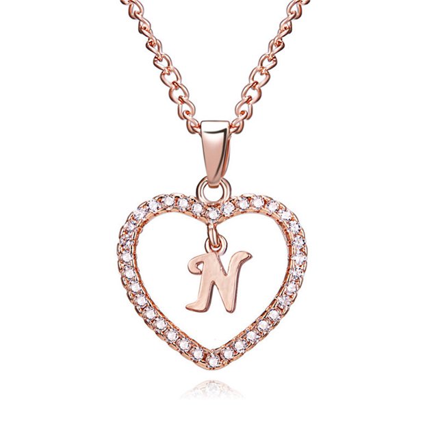 fastboy 26 Letters N Heart Shape Pendant Necklace Rhinestone Rose Golden Clavicular Chain Jewelry Couple Gift