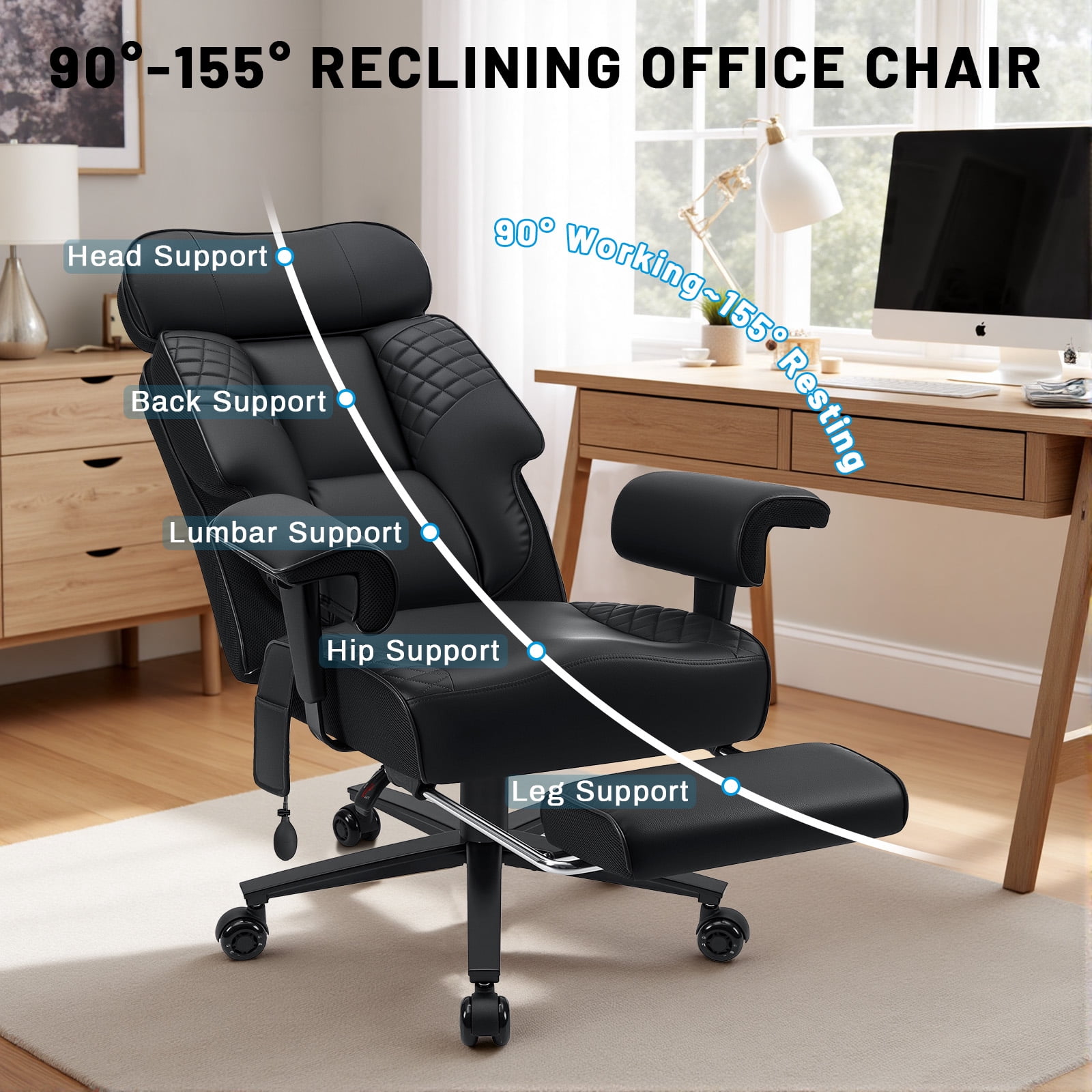 Hoffree Big and Tall Office Chair 500lbs, Reclining Ergonomic Desk Chair with Adjustable Lumbar Support, Arms and Headrest, Executive Leather High Back Computer Chair with Footrest for Home, Black