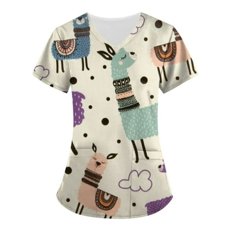 

ELFINDEA Animals Printed Pocket Scrubs Blouses for Women V Neck Short Sleeve Womens Tops