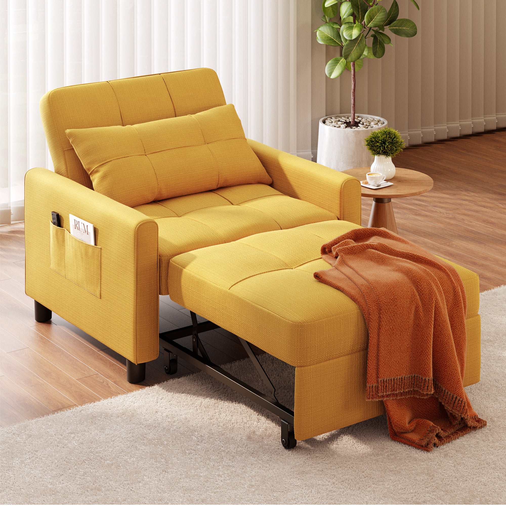 Adjustable Backrest Convertible Sofa Bed, 3-in-1 Linen Reclining Sleeper Chair, Multifunctional Couch for Living Room Bedroom Small Space, Yellow