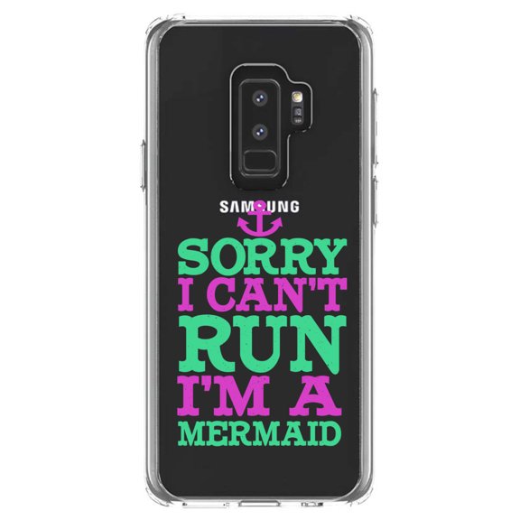 DistinctInk Clear Shockproof Hybrid Case for Samsung Galaxy S9  PLUS (6.2" Screen) - TPU Bumper Acrylic Back Tempered Glass Screen Protector - Sorry I Can't Run I'm a Mermaid
