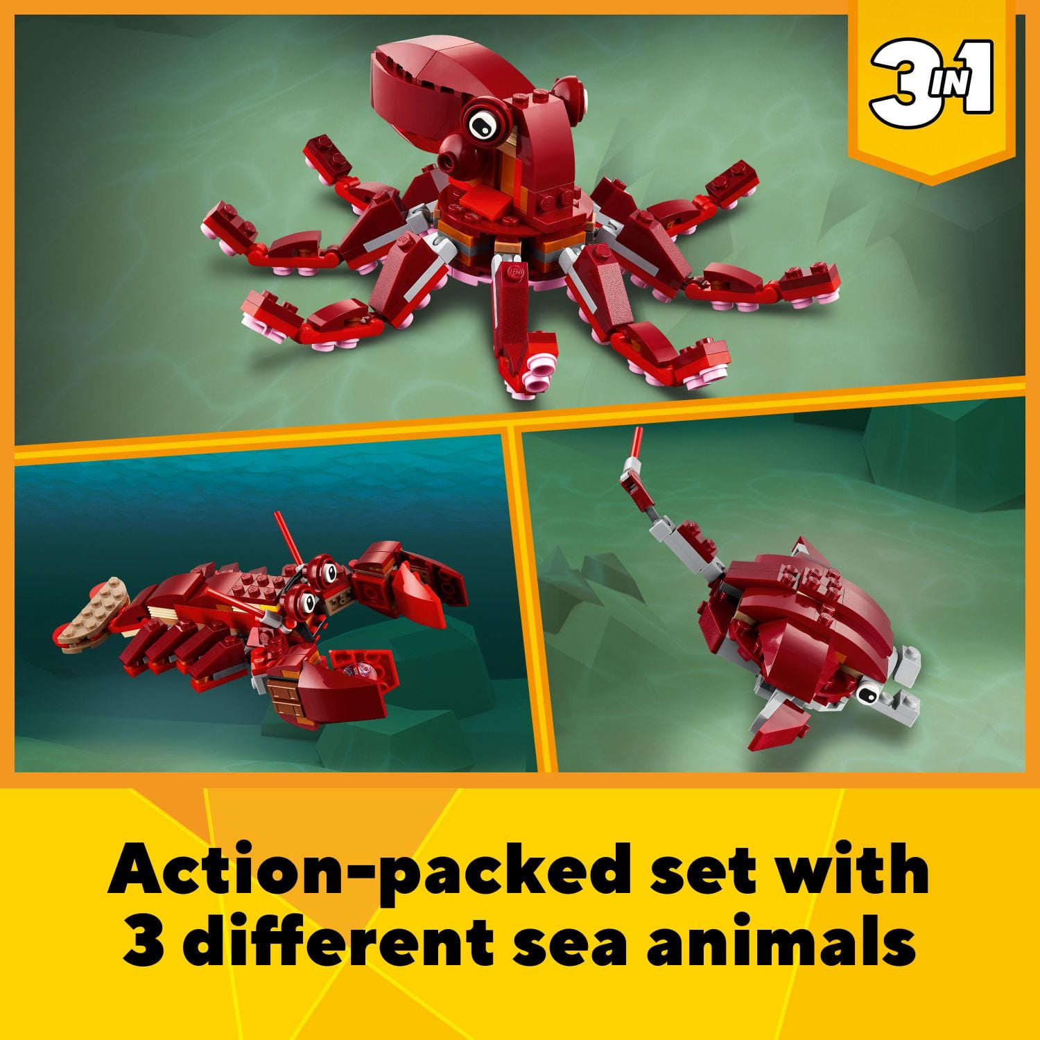 LEGO Creator 3 in 1 Sunken Treasure Mission Submarine Toy, Underwater Creatures Transform from Octopus TP Lobster to Manta Ray, Fun Sea Animal Figures, 31130 Plastic