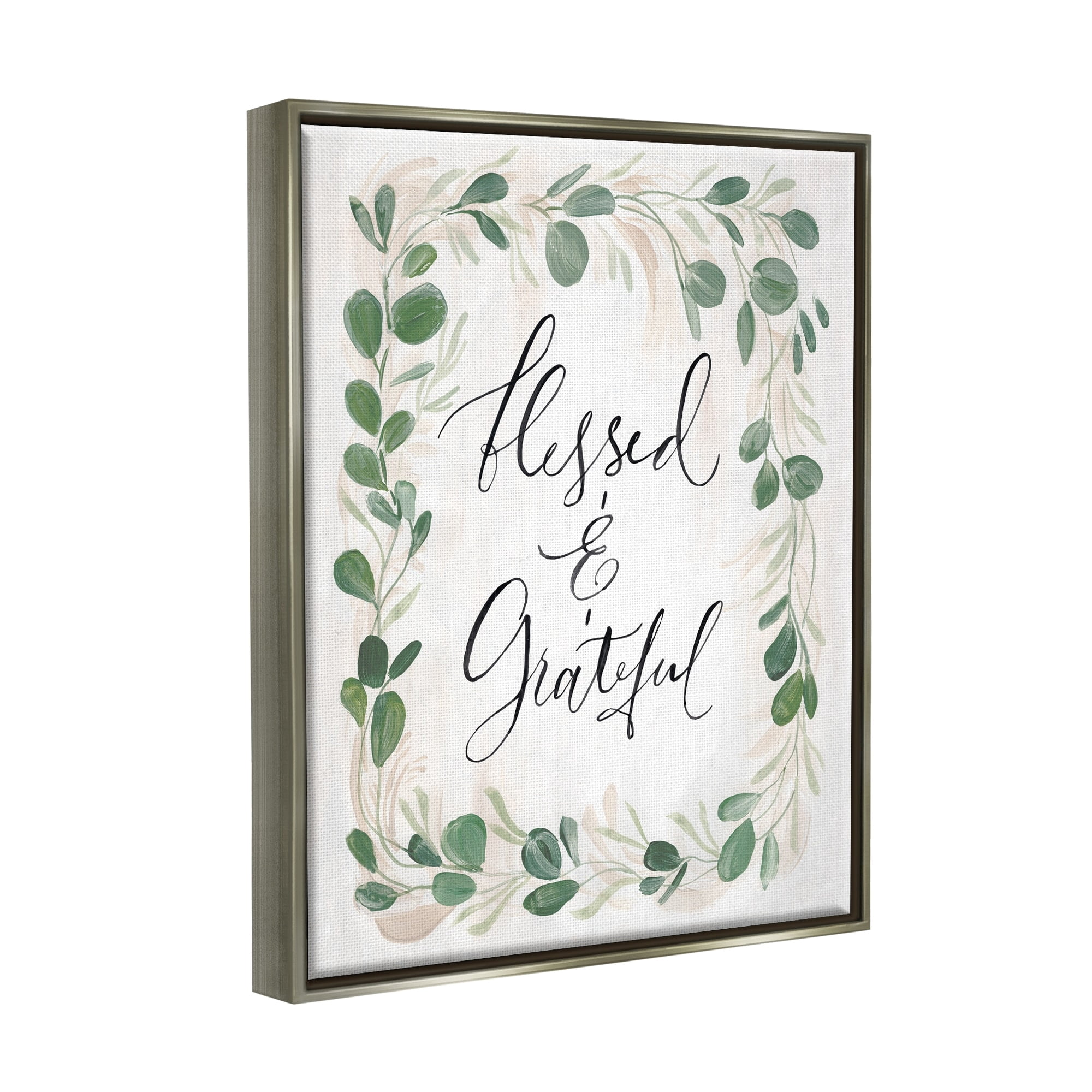 Stupell Industries Blessed & Grateful Botanical Eucalyptus Border Calligraphy Graphic Art Luster Gray Floating Framed Canvas Print Wall Art, Design by Caverly Smith