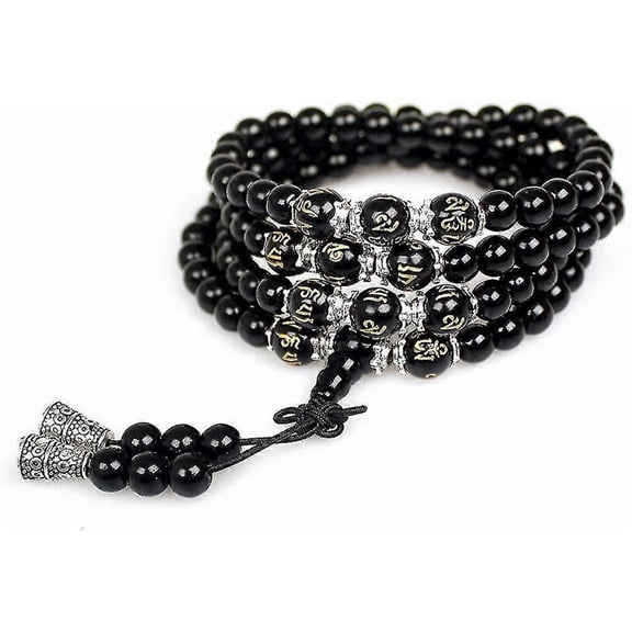 Jewelry,6mm Black Obsidian 108 Buddhist Prayer Mala Beads Tiger Eye Gemstone