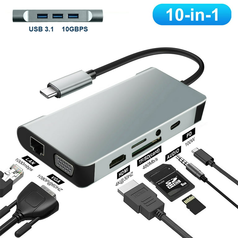 USB C Hub, USB C Adapter,10 in 1 Type c Hub with 1000M RJ45 Ethernet, HDMI, VGA, USB 3.1 Ports, PD 3.0 Port, TF/SD Card Audio Mic Port for