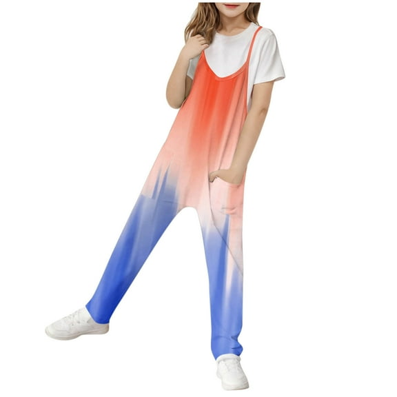 Odeerbi 5-14 Years Kids Girls Summer Jumpsuit Gradient Camisole Romper Spring Casual Breathable Comfortable Overalls Strap Bib Overall Pants Playsuit