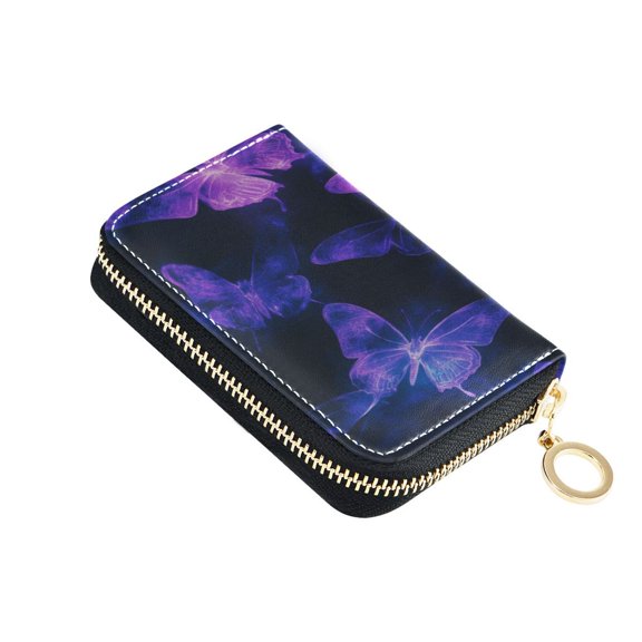 PU Leather Zip Card Holder Women's Card Case Zipper Card Case Compact & Lightweight Purple Glowing Butterflies