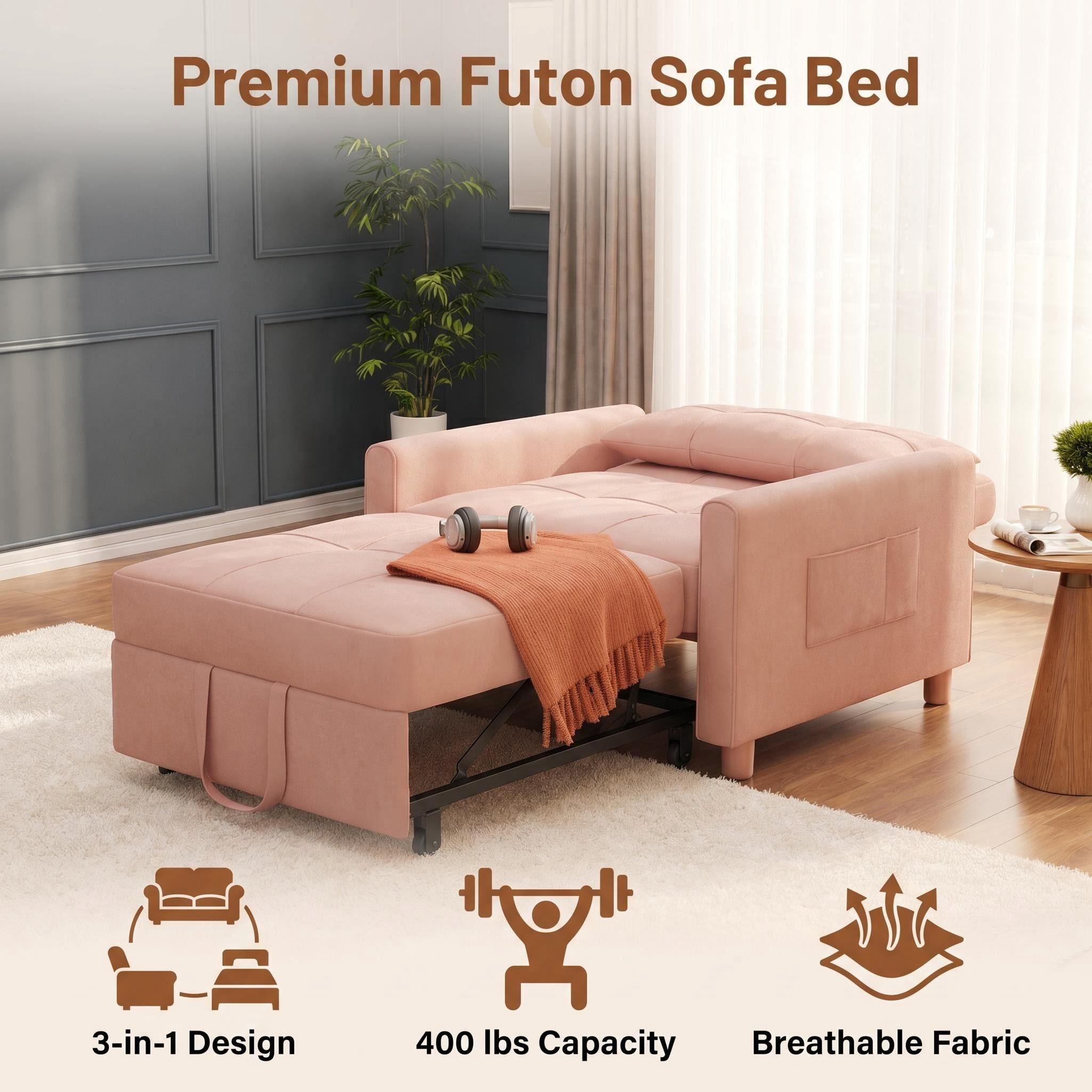 Sleeper Sofa, Lofka 3 in 1 Convertible Single Sofa Bed with Pull Out Couch for Living Room, Apartment,Pink