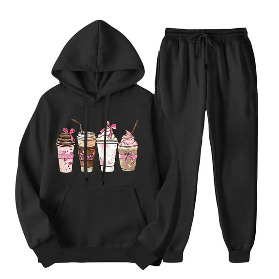 aohooy 2 Piece Hooded Tracksuit for Women,Women 2 Piece Sportswear Set 2024 Cute Coffee Print Long Sleeve Pullover Sweatshirt Jogger Pants Sweatsuit with Pockets Black,XXL