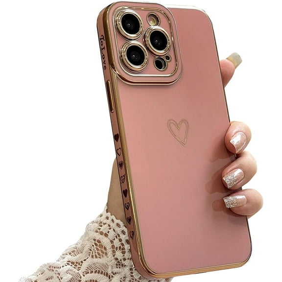 Compatible with iPhone 14 Pro Max Case Cute, Luxury Plating Heart Phone Case, Electroplated Edge Bumper Case for Women Girls Soft TPU Shockproof Camera Protective Back Cover - Pink