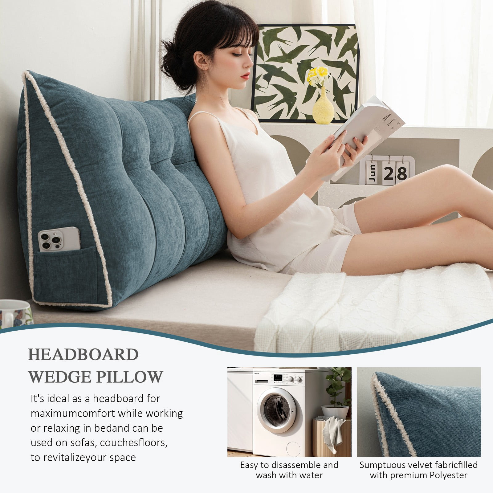 Lovote Triangular Headboard Pillow with Side Pockets, Chenille Fabric, Bed Rest Reading Pillow, Removable & Washable Cover, Contrasting-Color Fabric Piping, Daybed Wedge Pillow for Queen Beds