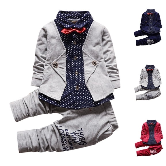 GPOECD Toddler Boy Outfits Baby Boy Dress Clothes Formal Suit with Long Sleeve Shirt and Pants Boys' Clothing Sets for Party Occasion,Grey,2 Years