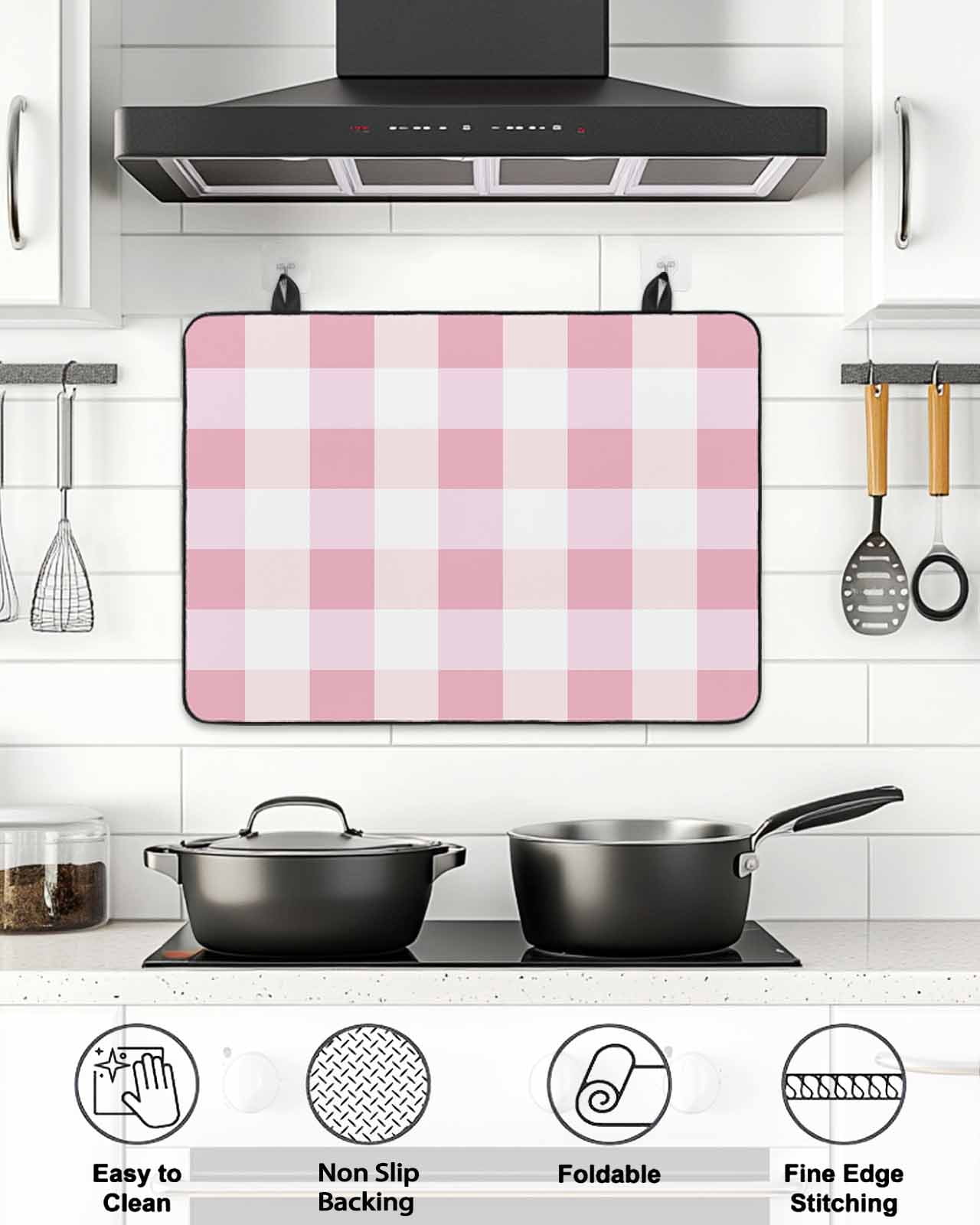 Stove Top Covers for Electric Stove, Pink Plaid Glass Stovetop Cover Protector, Spring Farmhouse Buffalo Checkered Induction Cooktop Protector Oven Mat for Kitchen Countertop 24"x21"