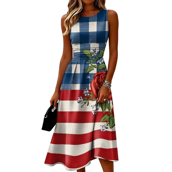 Women's Independence Day 250 Years Anniversary Patriotic Dress Sleeveless Round Neck Casual Plaid and Floral Print Midi Length Comfortable Fit 4th of July USA Flag Summer Dress Beige L
