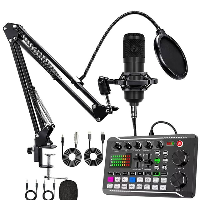 F998 Live Sound Card Integrated Rechargeable Microphone Condenser Microphone Stand Live Set Black, Live Sound Card with Dj Mixer Effects & Voice Changer Audio Mixer Sound Mixer Board, By Meiiso
