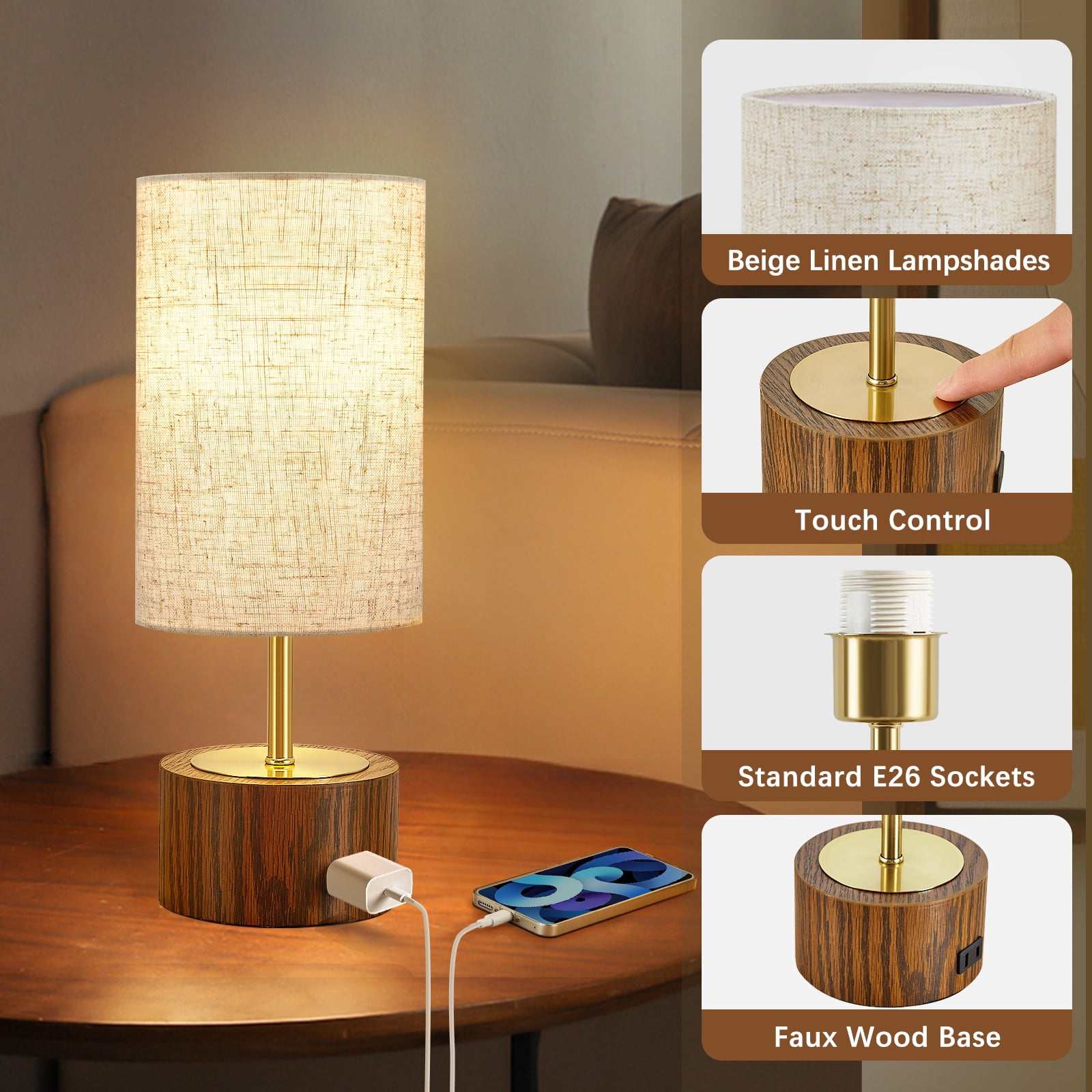 NATYSWAN Small Table Lamps for Bedroom,Modern Touch Lamps Set of 2 with USB Ports and Fabric Shade, Minimalist Desk Lamp for Living Room Office Dorm Kids Room